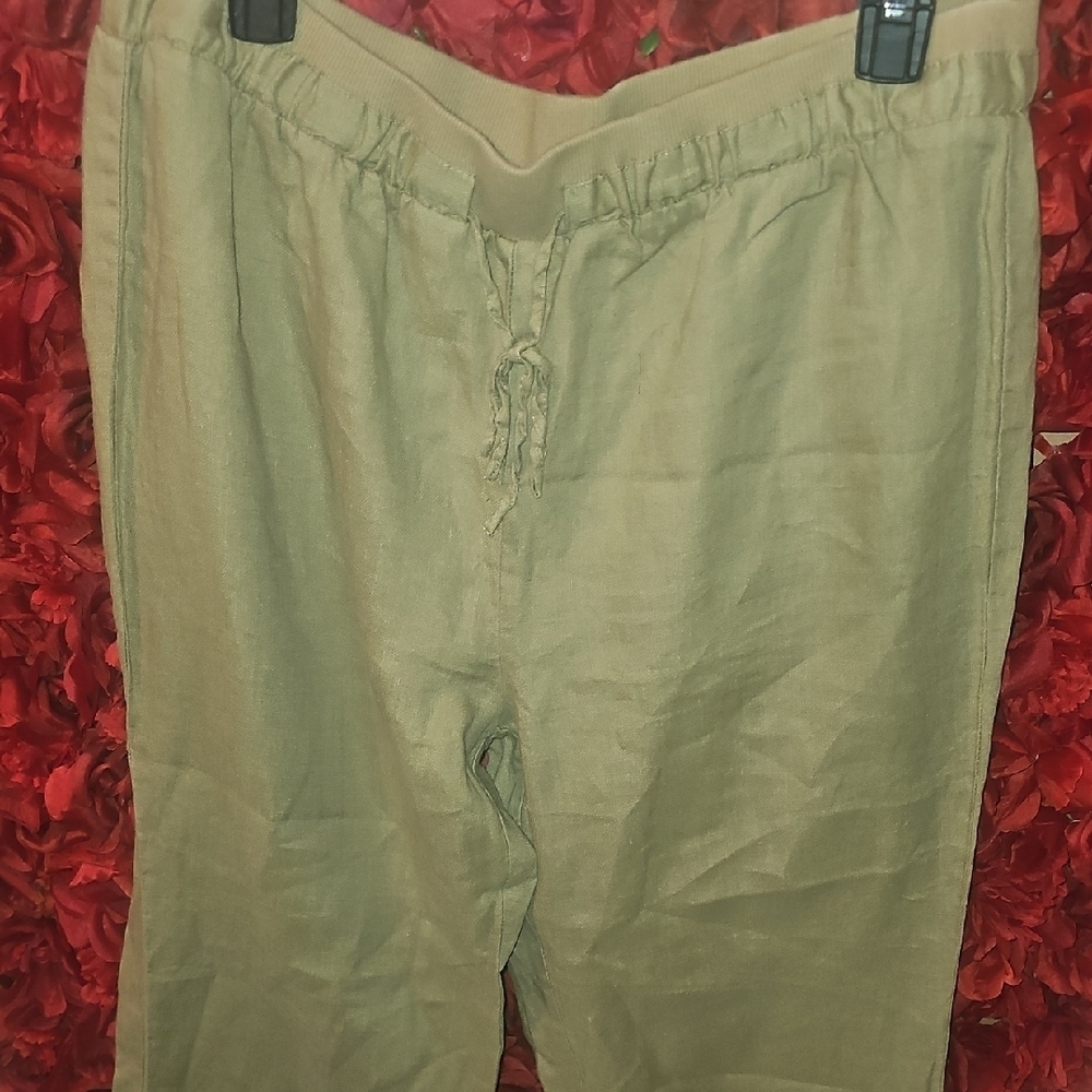 Ellen Tracy 100% Linen Khaki Wide Leg Pants Size Large